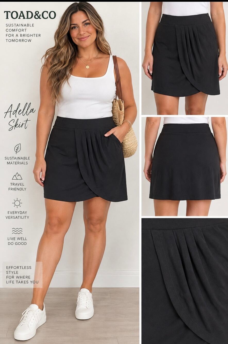 Toad&Co Adella Skirt Large Black NWT Asymmetrical Wrap Stretch Travel Skirt